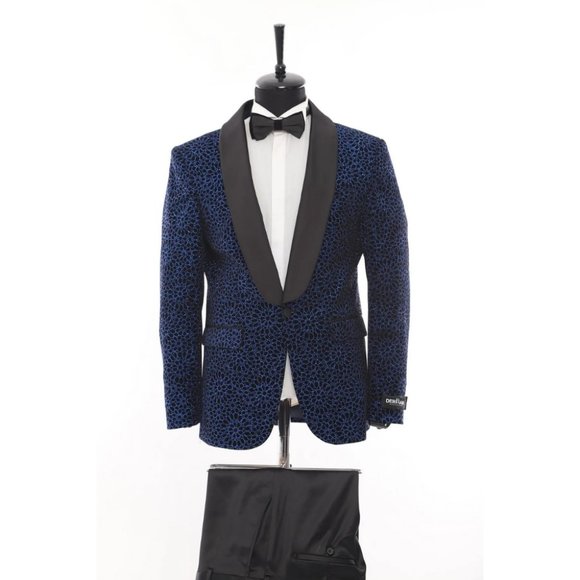 Derman Blue Floral Patterned Glitter Luxury 2 Piece Tuxedo